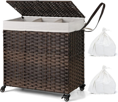GOFLAME Laundry Hamper with Lid and Wheels, 125L Hand Woven Rattan Laundry Basket with 3 Divided Sections, Handles, 2 Removable and Washable Liner Bags, Dirty Clothes Hamper for Bedroom (Natural)