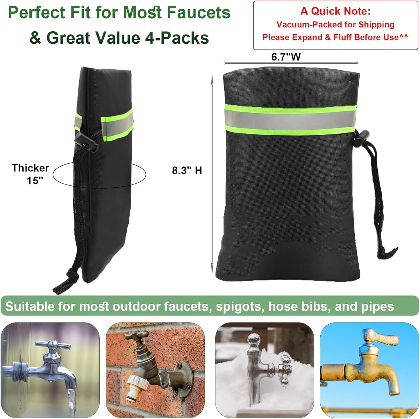 Outdoor Faucet Covers for Winter - Thicker Freeze Protection Spigot Cover | Upgrade 420D Waterproof Oxford, Reflective Stripes & Drawstring (4Packs, 8.3" H x 6.7" W)