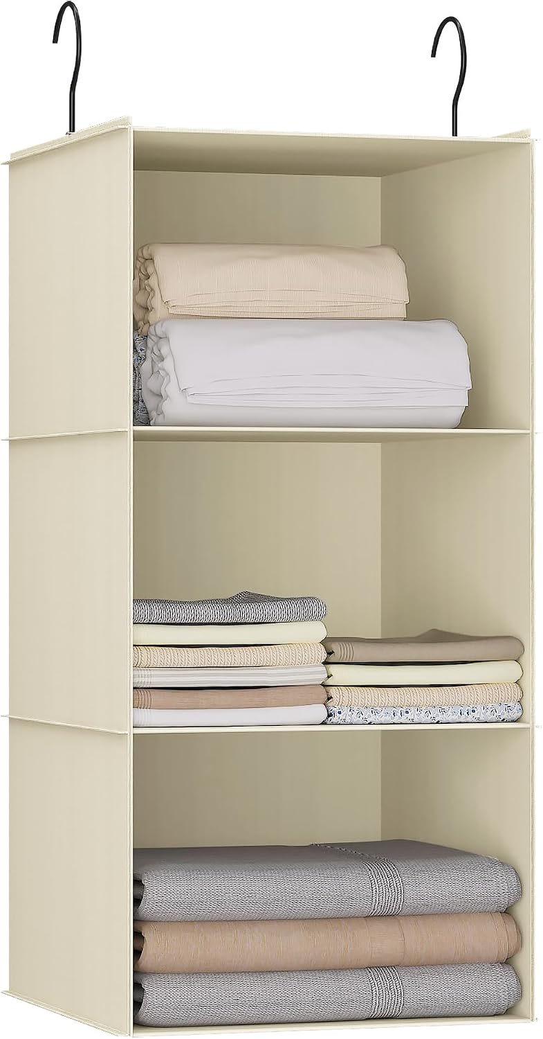 Hanging Closet Organizer 3-Shelf, Oxford Fabric Wardrobe Storage, Gray | Easy-mount foldable design holds clothes, handbags, shoes & accessories; washable Oxford fabric, sturdy and space-saving.