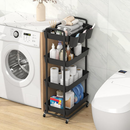JIUYOTREE 4-Tier Plastic Rolling Storage Cart Utility Cart with Extra Hanging Cups Handles Lockable Wheels for Living Room Bathroom Kitchen Office White