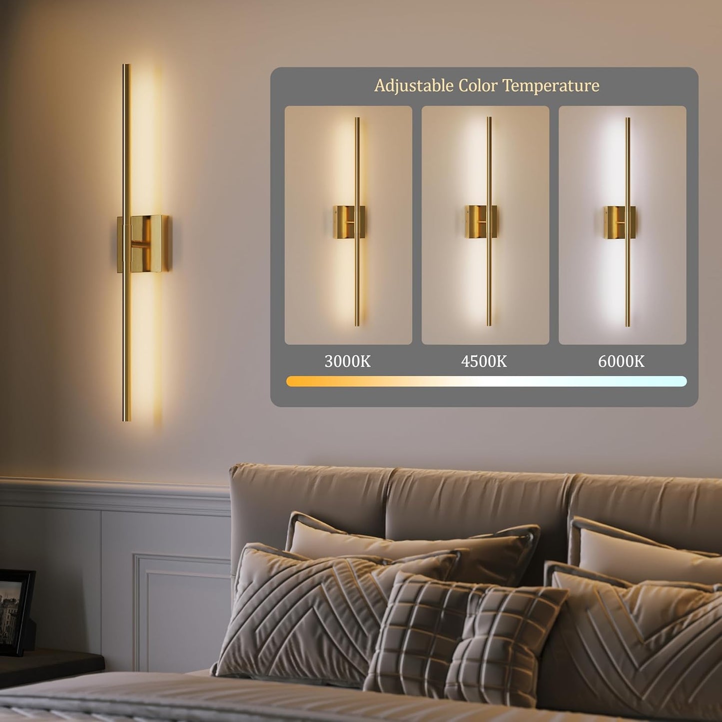 Morauroral Battery Operated Wall Sconces Set of 2, 10000mAh Rechargeable Sconces, 3000K-6000K Dimmable LED Wall Lamp with Remote, 24 Inch Black Gold Wireless Wall Lights for Bedroom, Living Room