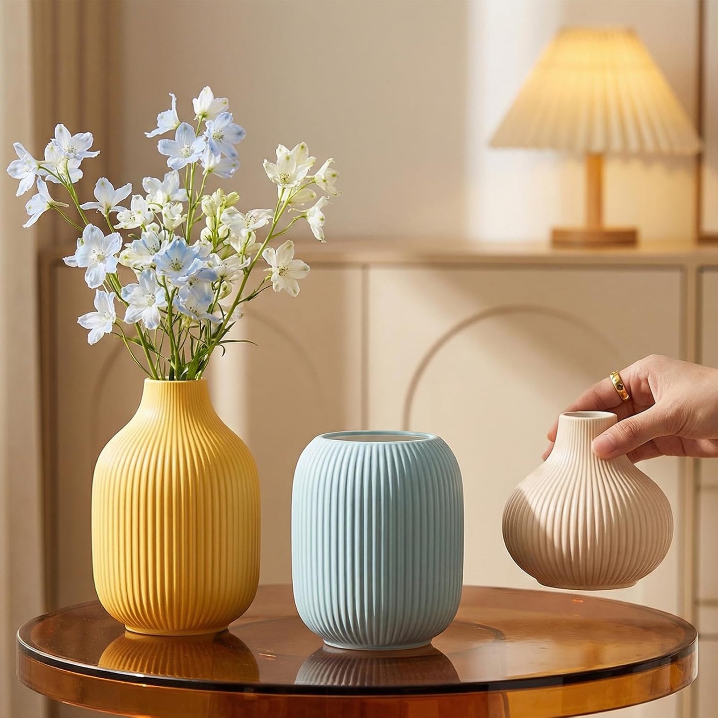 White Ceramic Flower Vases Set of 3, Modern Matte Vertical Ribbed, Nordic Minimalist Decor for Pampas, Dried & Fresh Flowers, Centerpiece for Living Room, Shelf, Entryway, Wedding,Office