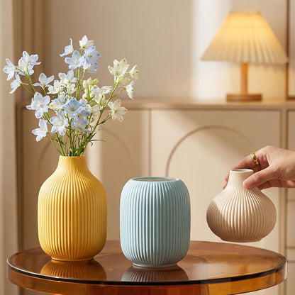White Ceramic Flower Vases Set of 3, Modern Matte Vertical Ribbed, Nordic Minimalist Decor for Pampas, Dried & Fresh Flowers, Centerpiece for Living Room, Shelf, Entryway, Wedding,Office