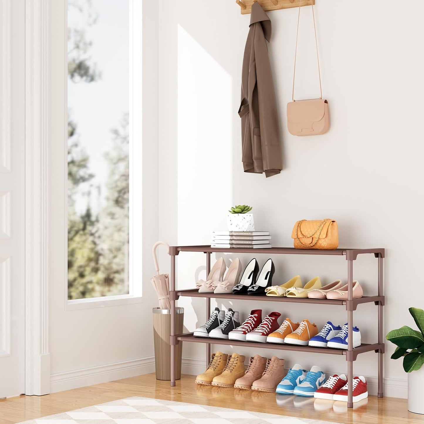 32.3" Widening Design Shoe Rack for Closet 16 Pairs Small Spaces Non-Woven 3 Tier Shoe Organizer Stackable Metal Shoe Shelf for Entryway, Bedroom