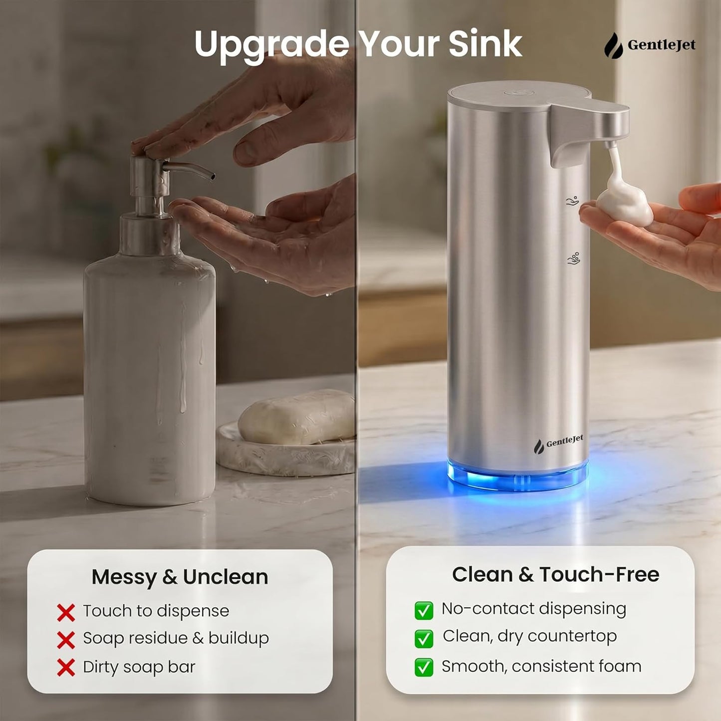 GentleJet EasyFoam Automatic Foaming Soap Dispenser Touchless Sensor, USB-C Rechargeable, 304 Stainless Steel, IPX5 Waterproof for Bathroom Kitchen Sink, 280 ml