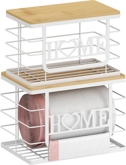 Trash Bag Holder, Thipoten Trash Bags Dispenser with Bamboo Top, Suitable for Garbage Bags Purchased Online or Supermarket, Perfect Storage Organizers for Cabinet, Under Sink (Black, 2pack-XL/L)