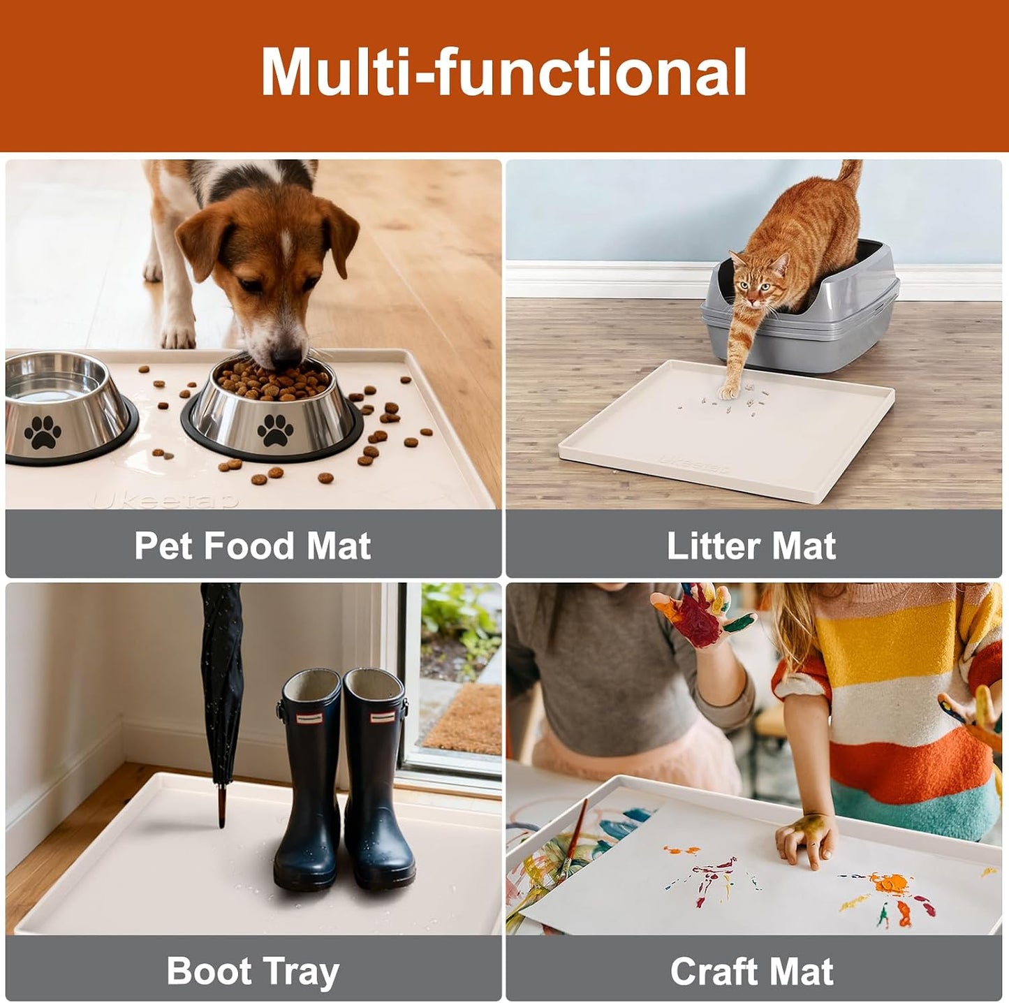 ukeetap Extra Thick Silicone Mat Waterproof with Raised Edge 19” x 12”, BPA Free Non-Slip Dog & Cat Food Mat, Feeding Mat for Food and Water Bowls, Spill Proof Mat to Protect Floors, Black