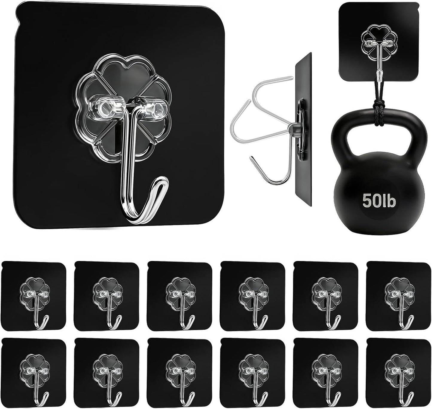 Adhesive Wall Hooks for Hanging Heavy Duty 50 lbs Large Hooks for Walls No Damage, Towel Sticky Clear Hook, Waterproof, Home, Bathroom, Kitchen, Office, and Outdoor 10 Pack