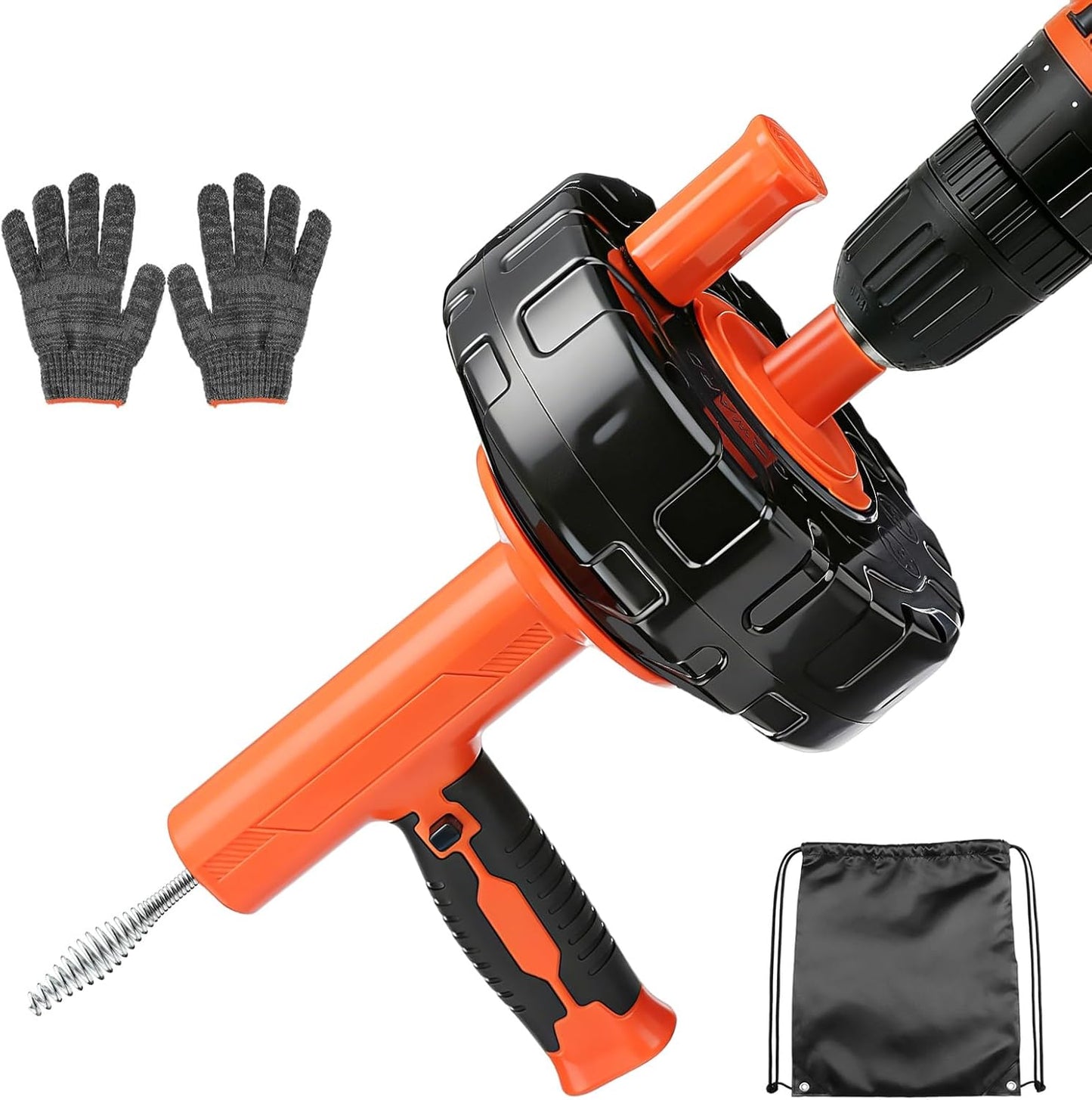 Auto-Feed Drain Snake Auger 25 ft with Drill Adapter, Plumbing Snake Drain Hair Removal Tool, Drain Auger Snake Hair Drain Clog Remover for Shower Kitchen Bathroom Sink, Come with Gloves