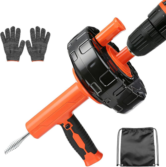 Auto-Feed Drain Snake Auger 25 ft with Drill Adapter, Plumbing Snake Drain Hair Removal Tool, Drain Auger Snake Hair Drain Clog Remover for Shower Kitchen Bathroom Sink, Come with Gloves
