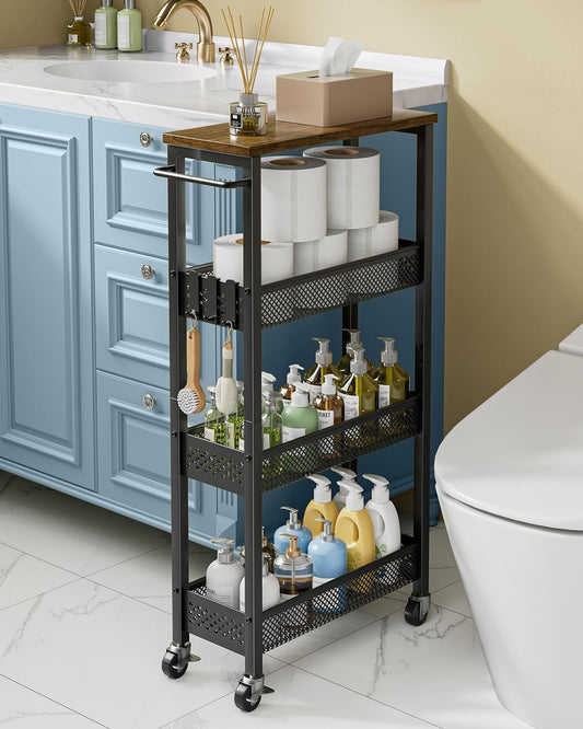 Giwil Slim Storage Cart 5 Tier Narrow Kitchen Rolling Cart on Wheels for Small Space, Metal Utility Cart Narrow Bathroom Storage Cabinet Mobile Shelf Unit Organizer with Wood Top and Handle, Black