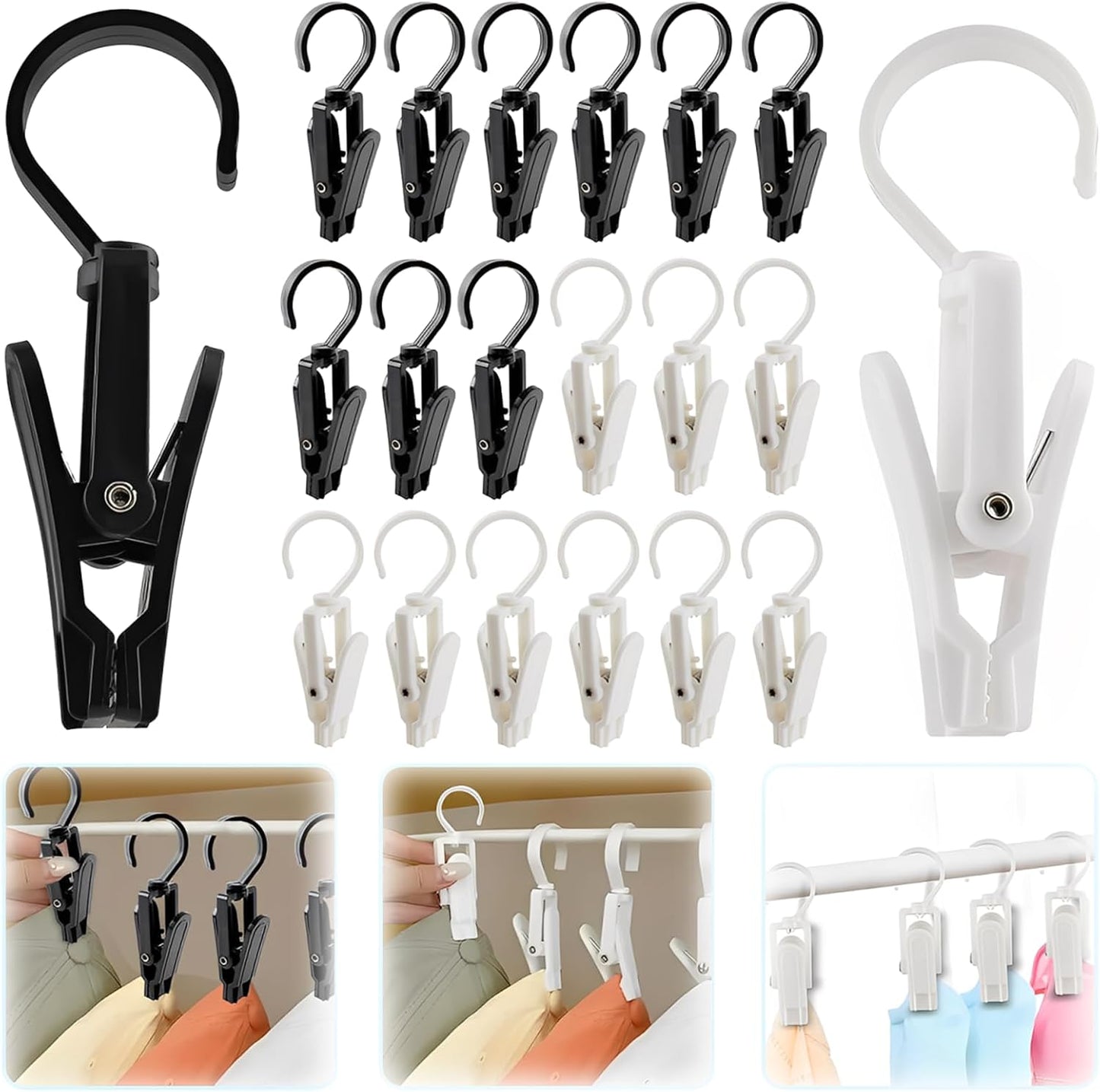VinBee 20 PCS Laundry Hooks with Clips Super Strong Plastic Home Travel Swivel Hanging Hanger Closet Organizer Clamps Socks Boot Bras Towels for Bathroom Wardrobe Kitchen Office - 4.3 Inches (Black)