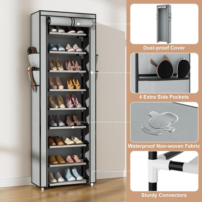 VILICK Shoe Rack with Cover Narrow Shoe Organizer with 4 Side Pockets 10 Tier Tall Shoe Storage Holds 18-22 Pairs Shoes and Boots Shoe Rack for Closet Entryway Garage