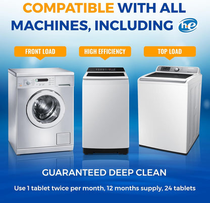 Bastion Washing Machine Cleaner, Deodorizer, & Descaler 6-Pack - Active Deep Cleaning Tablets For HE Front Loader & Top Load Washer, Septic Safe Eco-Friendly - 3 Month Supply