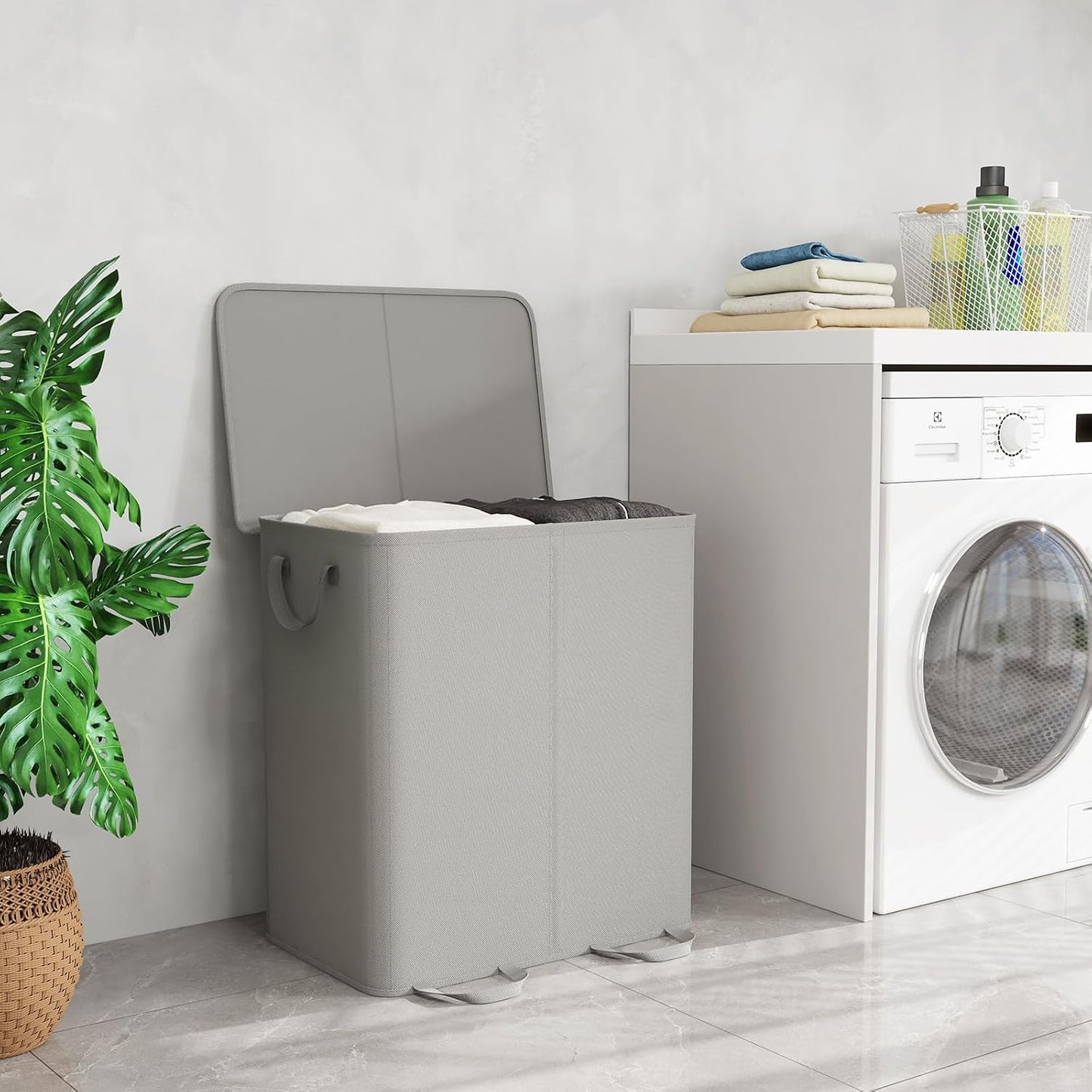 Lifewit Double Laundry Hamper with Lid and Removable Laundry Bags, Large Collapsible 2 Dividers Dirty Clothes Basket with Handles for Bedroom Laundry Room Closet Bathroom College, 136L Beige