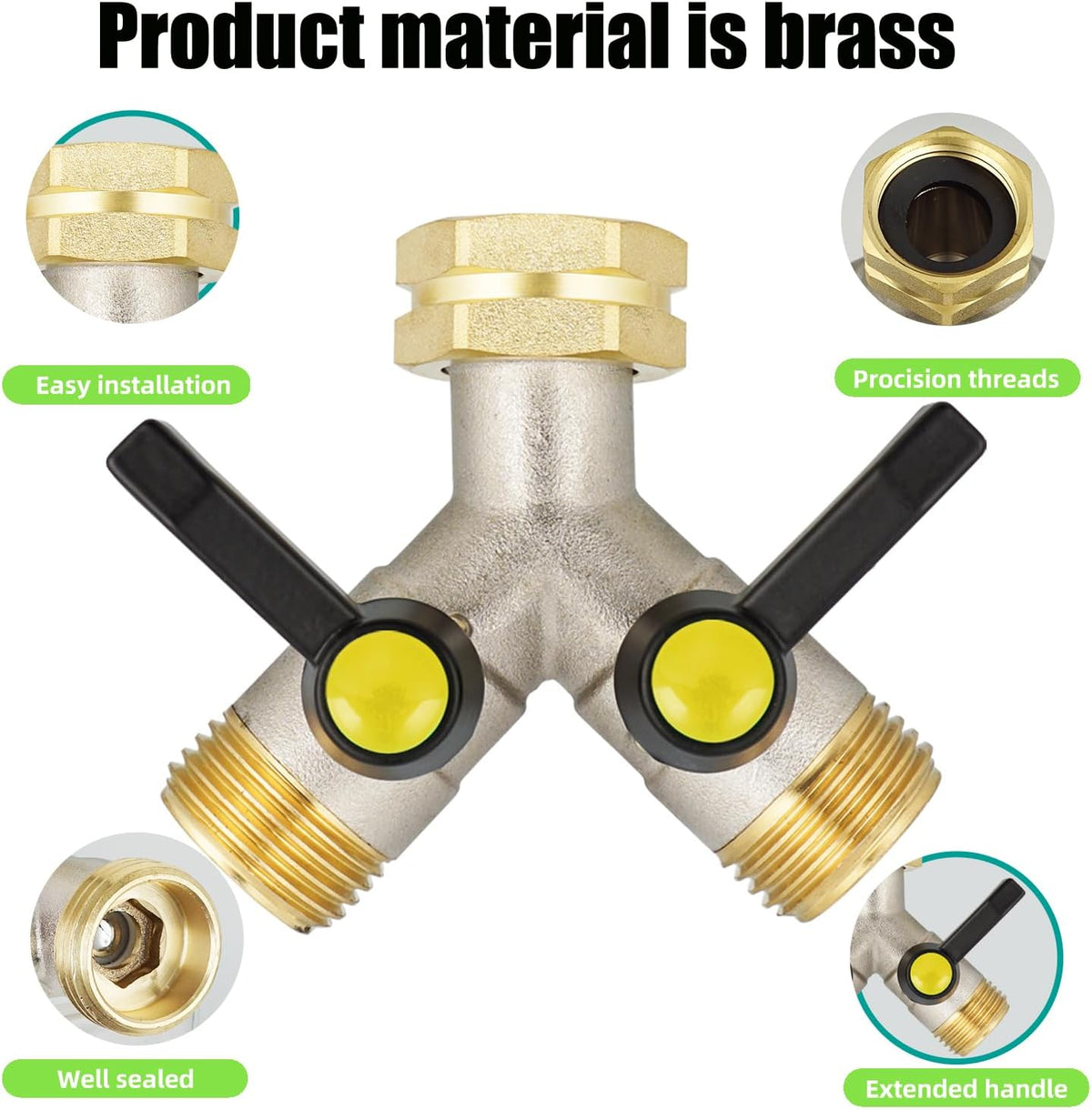 EJW Hose Splitter 2 Way, Garden Hose Splitters, Heavy Duty Faucet Splitter,Rv Brass Water Hose Y Splitter, Double Hose Connector, Spigot Splitter, Two Way Hose Manifold Valve 3/4 Inch GHT Thread.