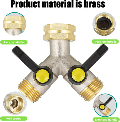 EJW Hose Splitter 2 Way, Garden Hose Splitters, Heavy Duty Faucet Splitter,Rv Brass Water Hose Y Splitter, Double Hose Connector, Spigot Splitter, Two Way Hose Manifold Valve 3/4 Inch GHT Thread.