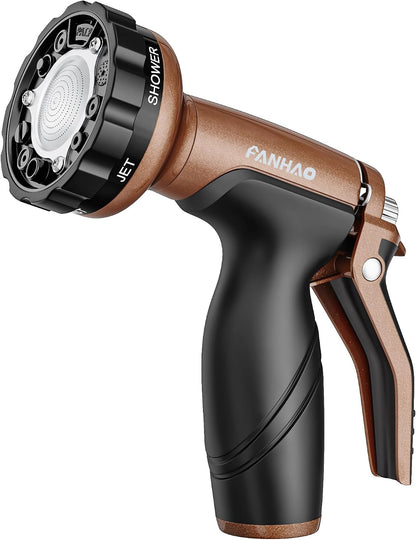 FANHAO Metal Garden Hose Nozzle, Heavy Duty Water Hose Sprayer with 6 Spray Patterns, High Pressure Water Hose Nozzle with Rear Trigger, Ideal for Outdoor Lawn & Plant Watering, Car & Pet Washing