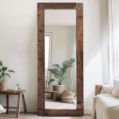 Solid Wood Full Length Mirror - 65"x22" Arched Floor Mirror, Free Standing & Wall Mounted - Elegant Design for Bedroom, Dressing Room, Hallway, Brown