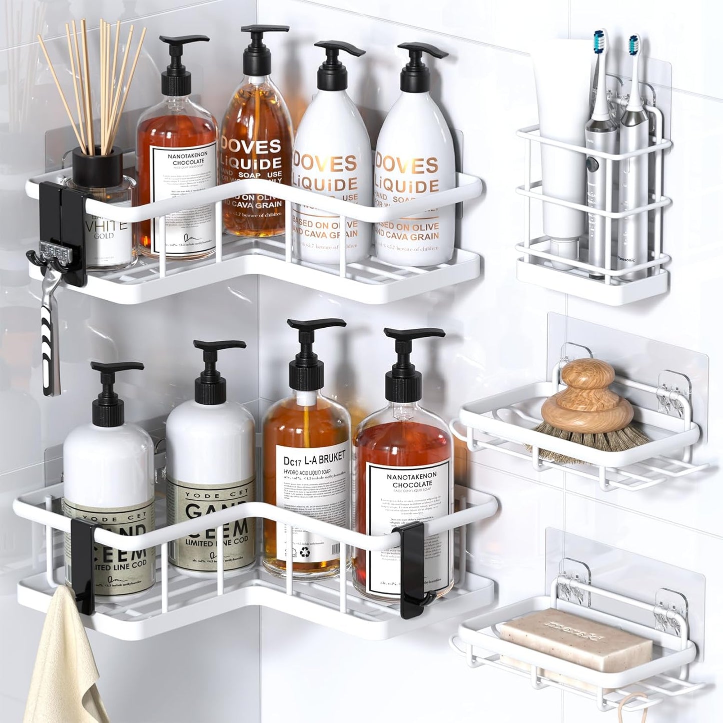 YASONIC Corner Shower Caddy, 5-Pack Adhesive Rustproof Stainless Steel Shower Organizer with Soap Holder, No Drilling Shower Shelf for Inside Shower, Dorm, Renters, Black