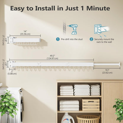 JAUREE Clothes Drying Rack Wall Mounted, Space-Saving Drying Rack Clothing, Collapsible Foldable Retractable Laundry Rack with 18 Hooks, Indoor/Outdoor, White