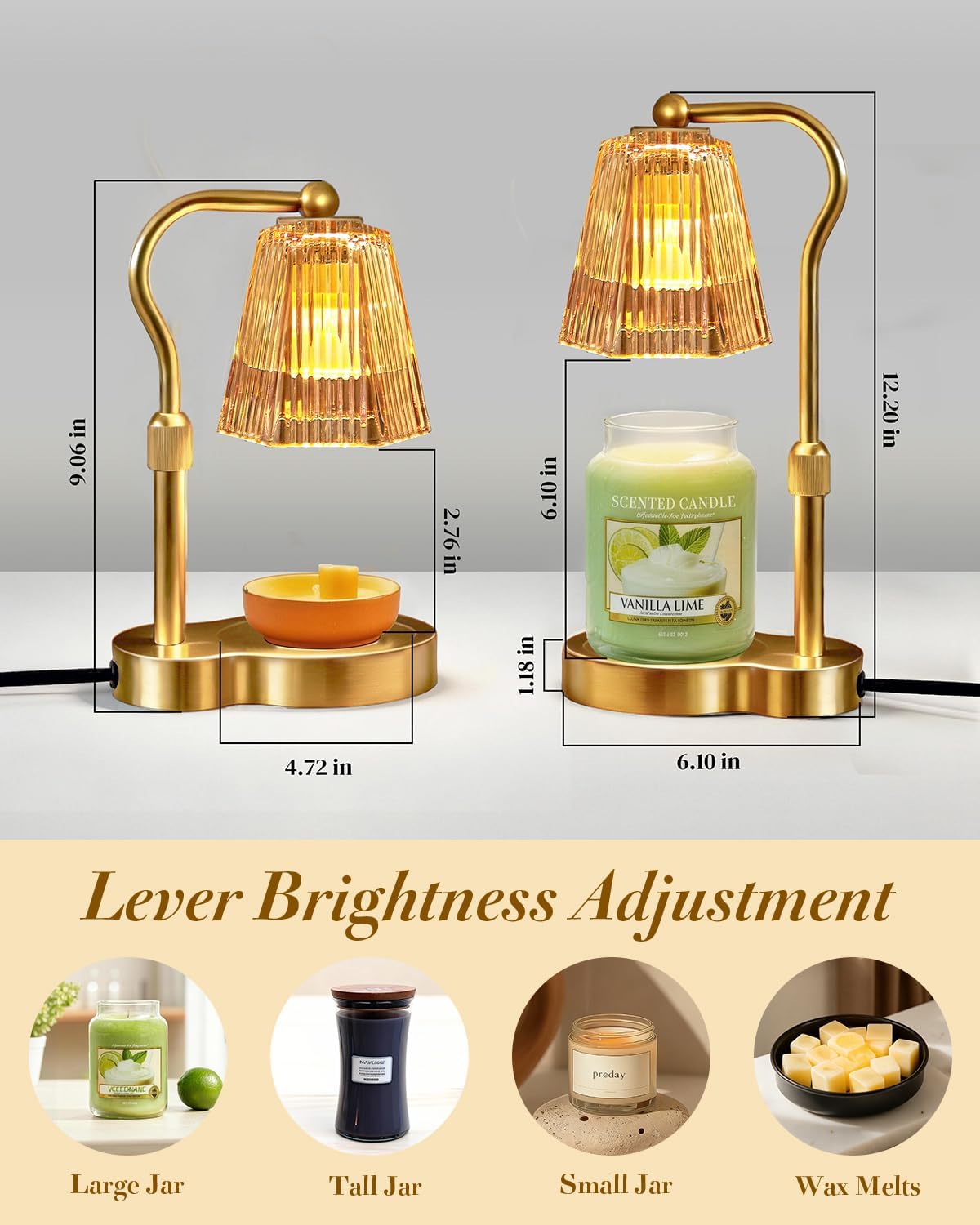 Candle Warmer Lamp with Timer & Dimmable Settings, Adjustable Height Flameless Scented Wax Melter for Jar Candles, Elegant Home Decor Warmer Lamp with 2 Bulbs, Gift for Women Mom Friend Family, Black