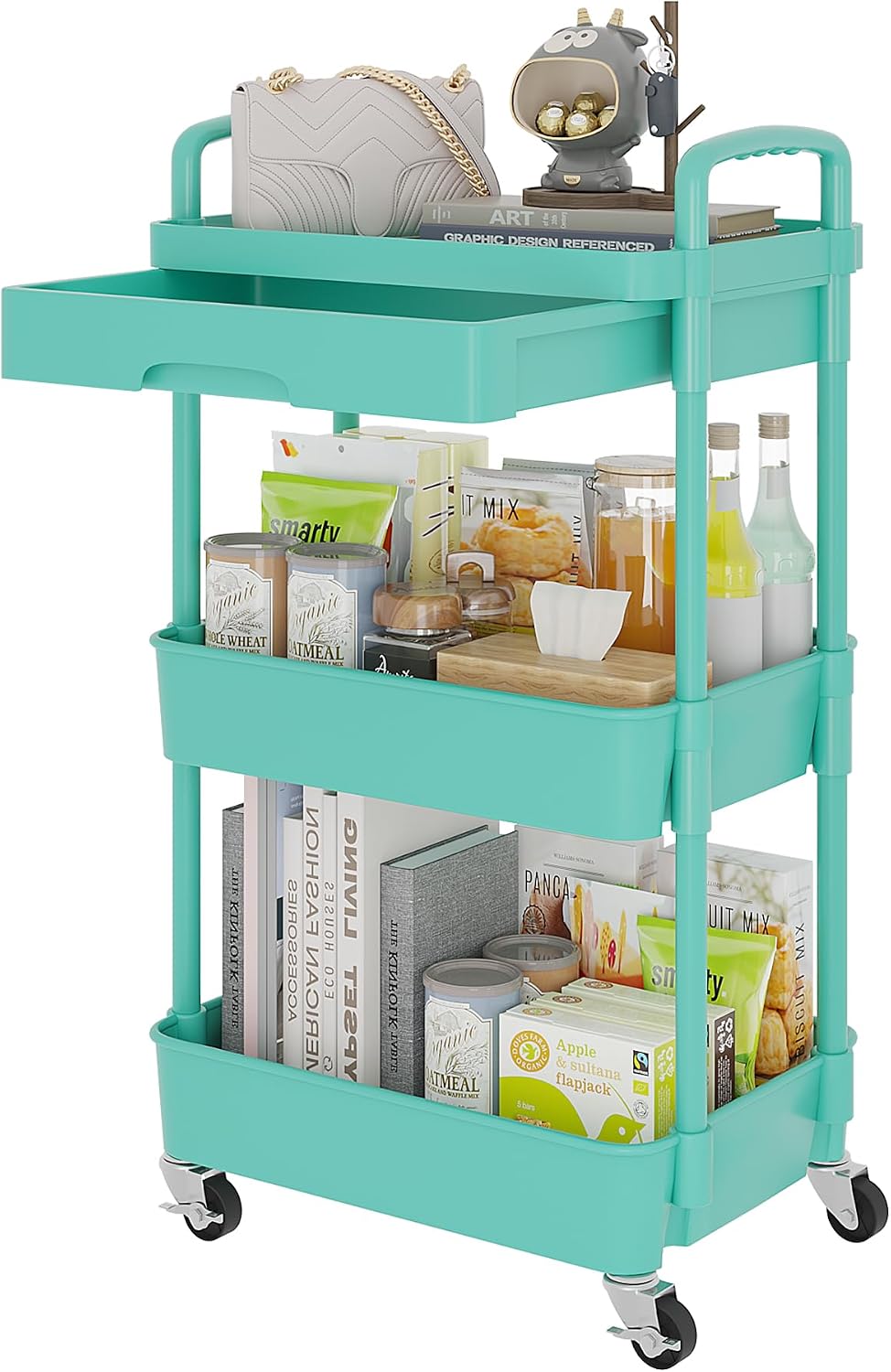 Calmootey 3-Tier Rolling Utility Cart with Drawer,Multifunctional Storage Organizer with Plastic Shelf & Metal Wheels,Storage Cart for Kitchen,Bathroom,Living Room,Office,White