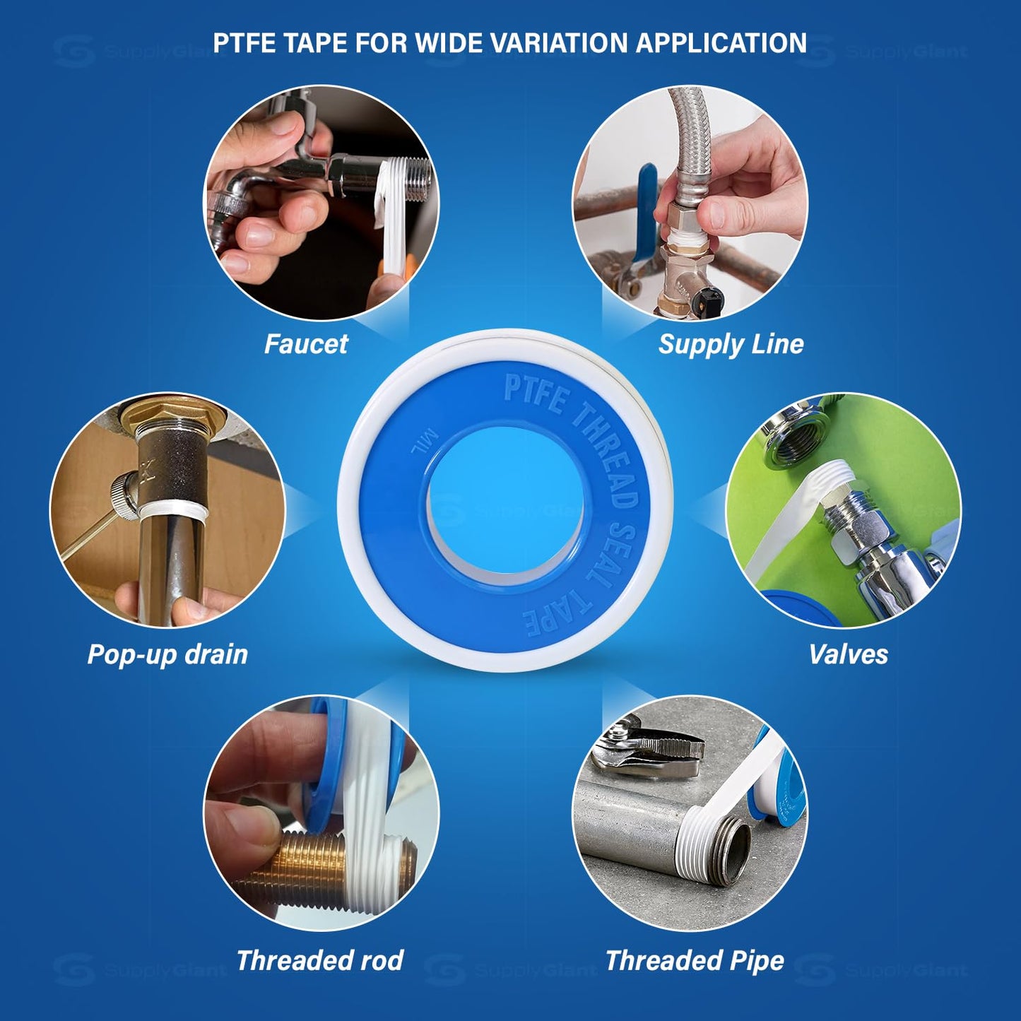 Supply Giant Plumbers PTFE Tape 1/2" W x 520" L Pipe Thread Tape, High Density Thread Sealant Tape Water Seal Plumbing Tape for Shower Head, Pipes, Gas Lines, Leak Prevention