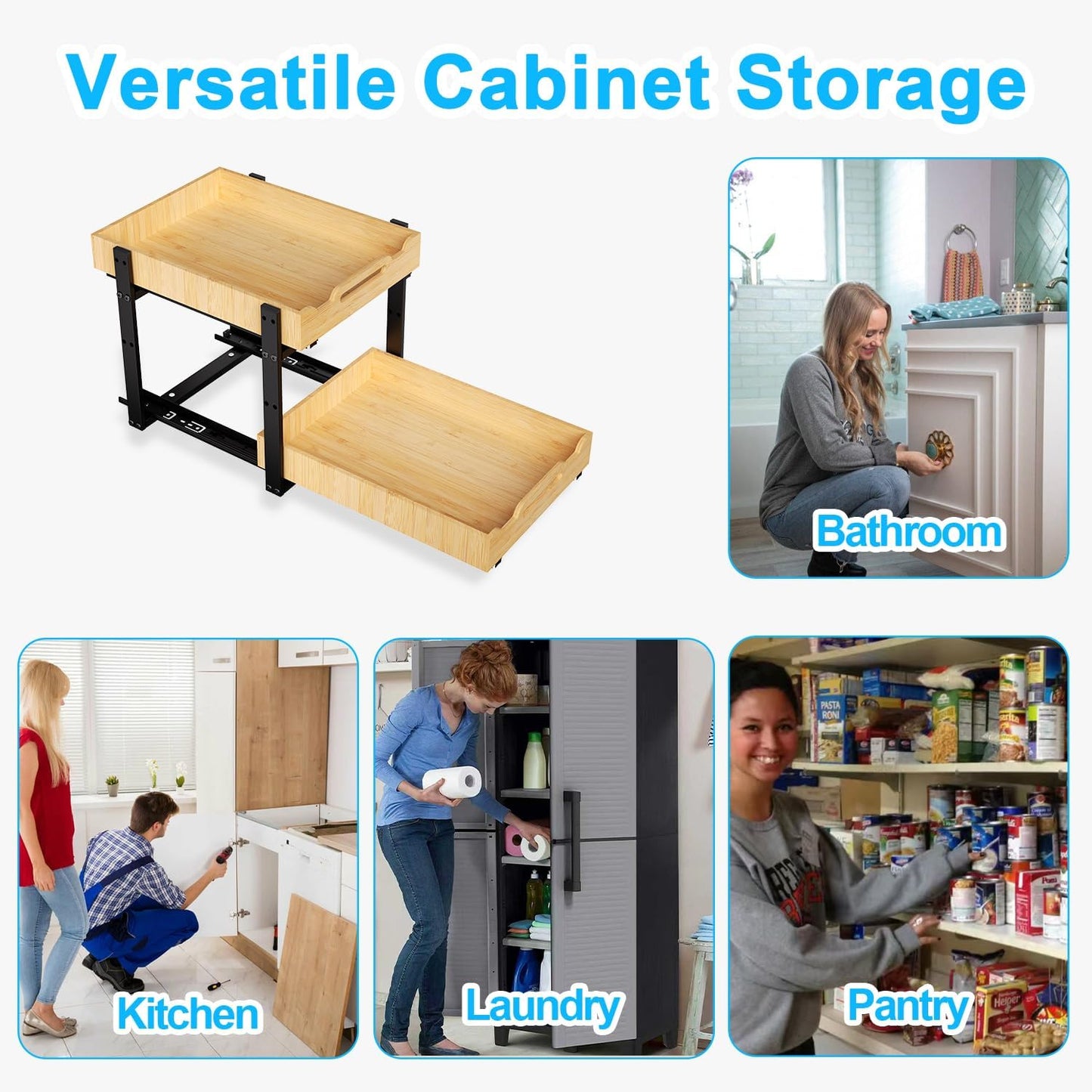 Golener Pull Out Cabinet Organizer - 2-Tier Slide Out Bamboo Drawers for Kitchen Cabinets, Bathroom Organizers and Storage, Under Sink Organizer for Kitchen Storage Organization with Coated Iron Frame