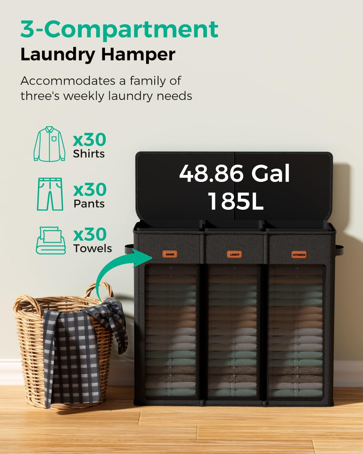 185L Laundry Hamper 3 Section with Lid & Removable Bags | Collapsible laundry basket organizer for laundry room, bedroom & dorm with 3 removable washing bags