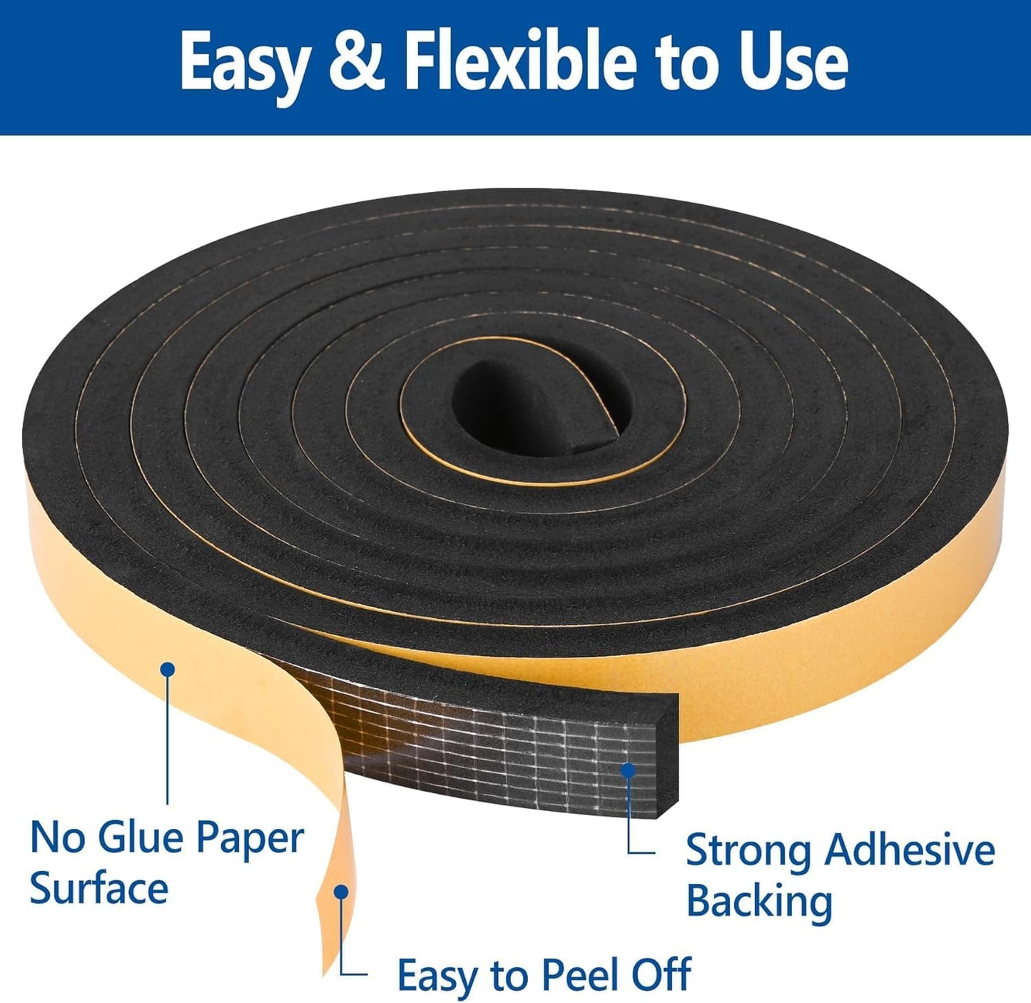 Kikerike Self Adhesive Foam Tape Weatherstrip 1/2In x 1/4In x 16.5Ft High Density Foam Insulation Strips Seal Weather Stripping with Strong Adhesive for Door and Window Sound Isolation Soundproofing