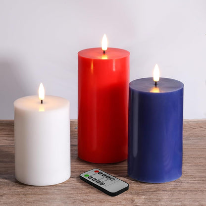 Eywamage White Real Wax Flameless Pillar Candles with Remote, Flickering Flat Top LED Battery Candles Set of 3