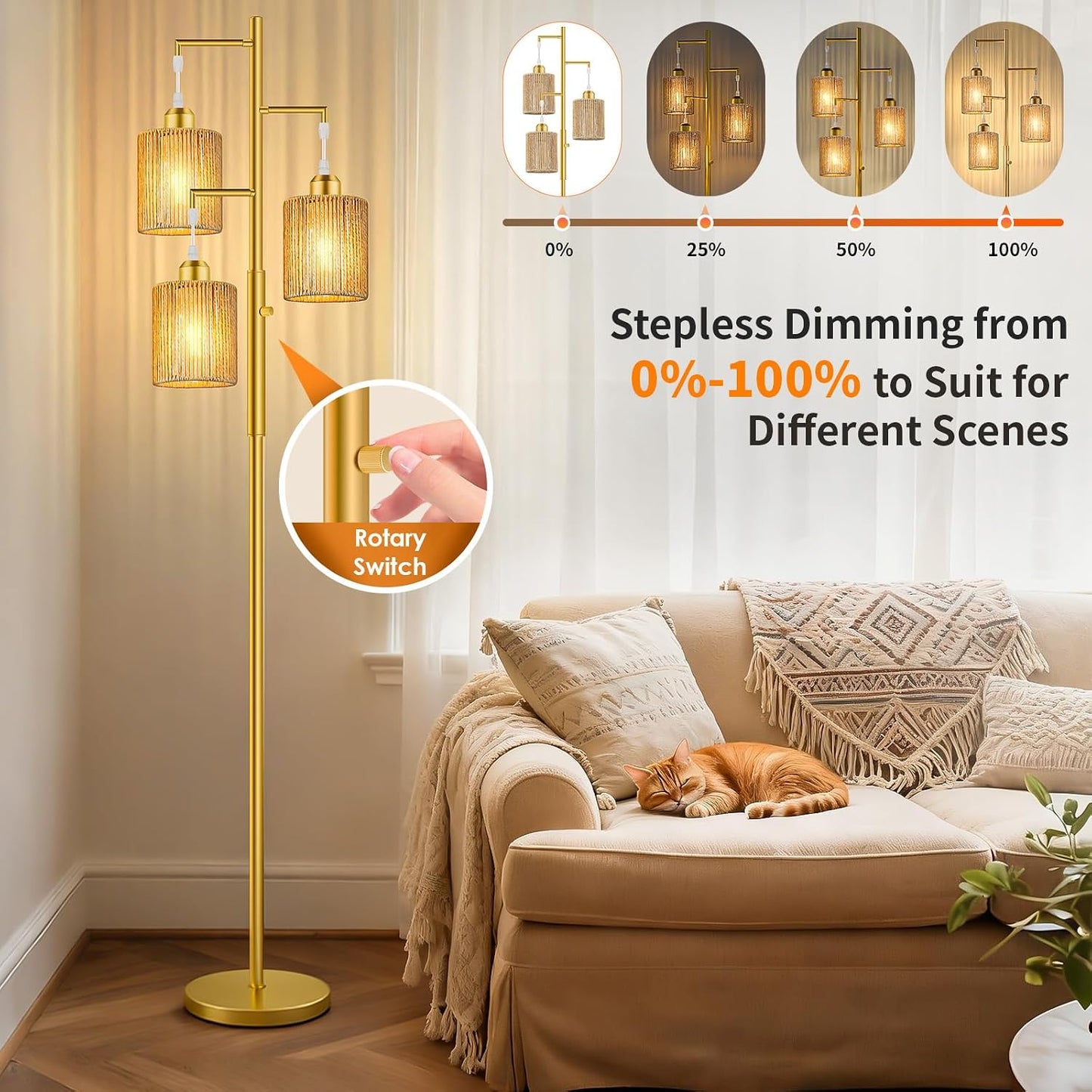 Hotsonic 72" Tall Boho Rattan Style Floor Lamp with Hand-Woven Paper Cord Shade, Dimmable Industrial Tree Standing Lamp for Living Room, Bedroom, Study Room, Office (3 x 800LM Bulbs Included) - Black
