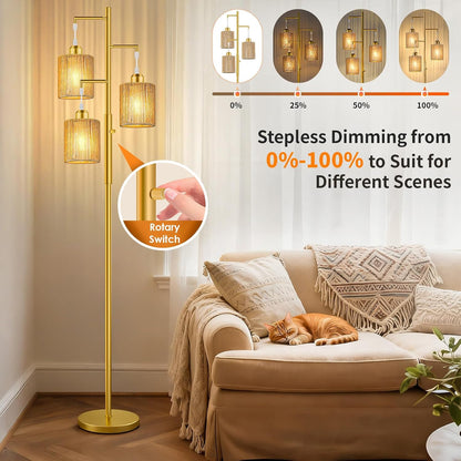 Hotsonic 72" Tall Boho Rattan Style Floor Lamp with Hand-Woven Paper Cord Shade, Dimmable Industrial Tree Standing Lamp for Living Room, Bedroom, Study Room, Office (3 x 800LM Bulbs Included) - Black