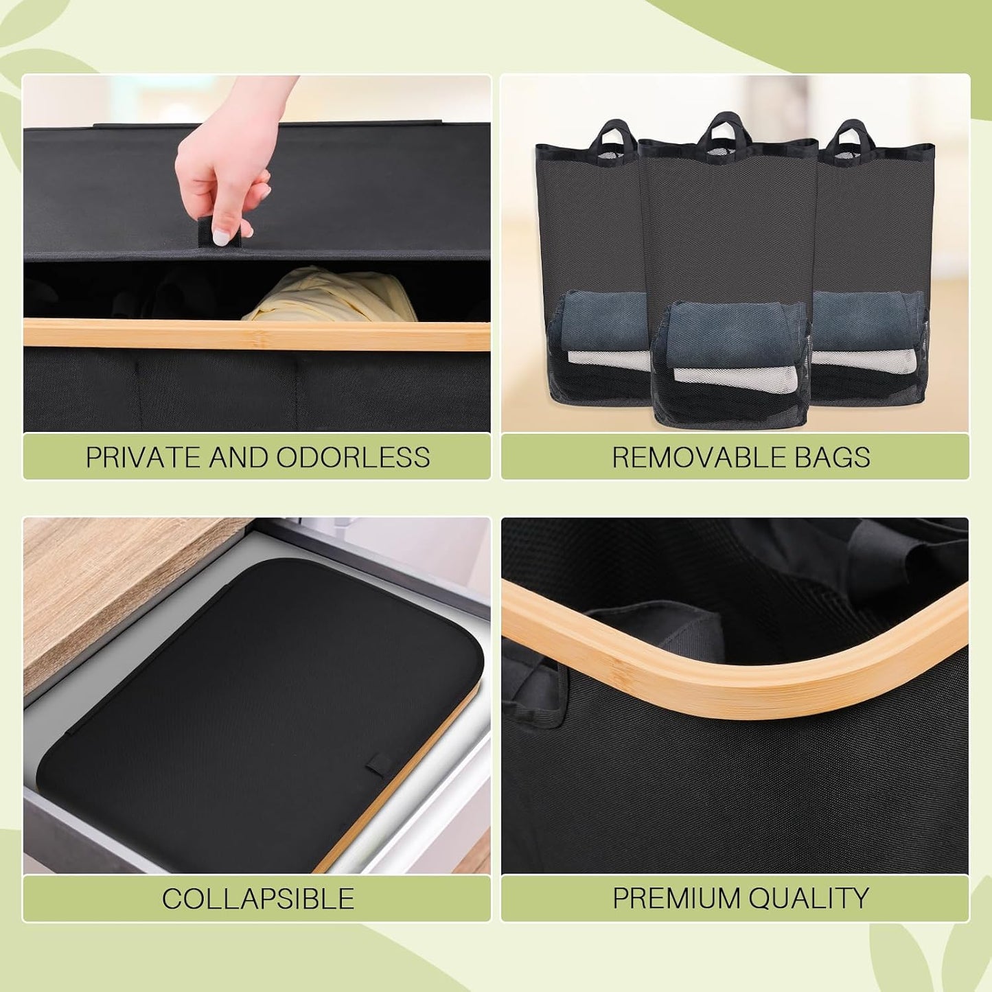 160L Laundry Hamper with Lid, 3 Section Laundry Basket with 3 Removable Bag | Clothes Hampers for Laundry with Bamboo Frame Handle, Large Dirty Clothes Hamper for Laundry Room, Bathroom, Bedroom, Black