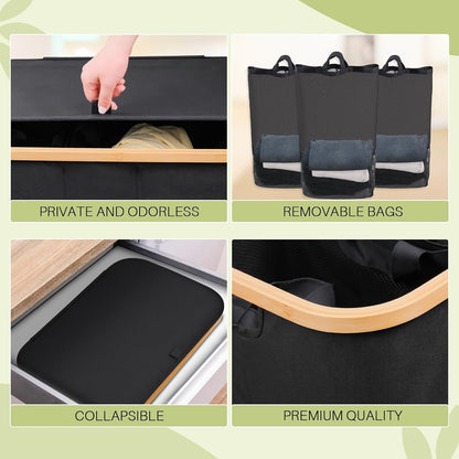 160L Laundry Hamper with Lid, 3 Section Laundry Basket with 3 Removable Bag | Clothes Hampers for Laundry with Bamboo Frame Handle, Large Dirty Clothes Hamper for Laundry Room, Bathroom, Bedroom, Black