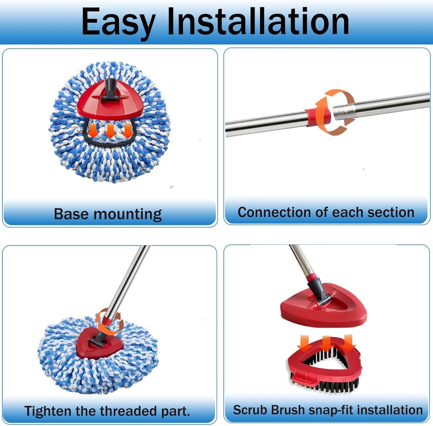 Spin Mop Replace Heads for O Cedar Rinse Clean 2 Tank System, Spin Mop Replacement Head 2 Microfiber Mop Refills, 1 Triangle Head Cover and 30-58in Handle 1 1Scrub Brush