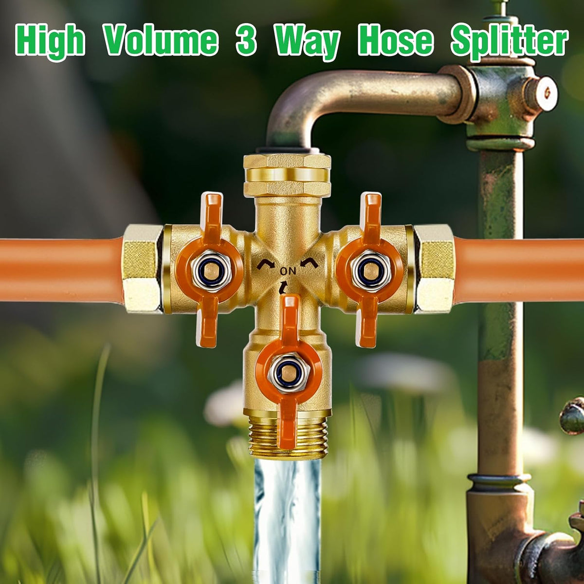 IPOW Upgrade Full Flow Garden Hose Splitter with Stainless Steel Handle, Brass Heavy Duty 2 Way Y Valve Garden Hose Splitter High Flow Spigot Splitter + 6 Rubber Hose Washers with Comfort Grip Use