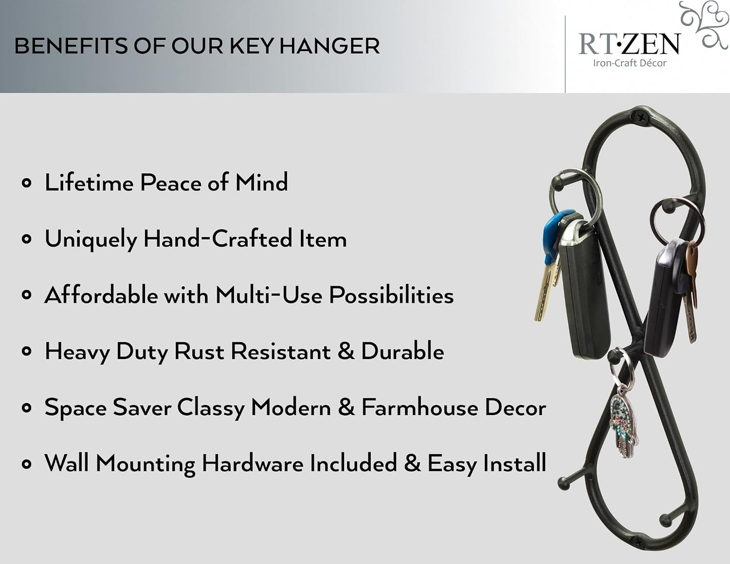 RTZEN Farmhouse Small Key Holder for Wall - Handcrafted Swirl Decorative 5 Key Hooks for Home Entryway - Wrought Iron Wall Mount Rack Purse Coat and Leash Holder or Organizer (Classic Black)