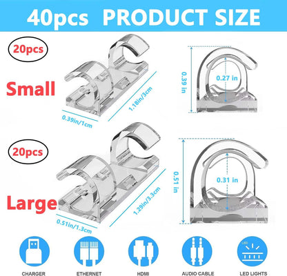 40 PCS Cable Clips (Small & Large),Adhesive Cable Clips for Wall,Finisher Wire Clamp for TV PC Laptop,Cable Management Clips Outdoor Light Clips