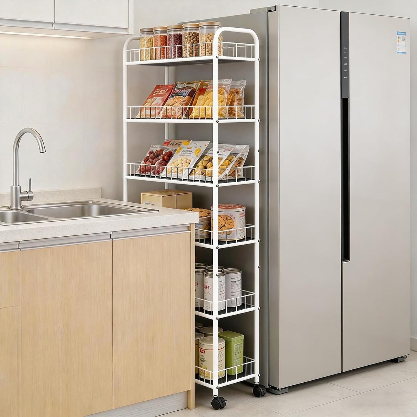10in 6-Tier Slim Storage Cart with Wheels, Metal 10in Wide Black Narrow Rolling Shelf, Sturdy Slim Storage with Hooks Ideal for Kitchen, Bathroom, and Laundry Room