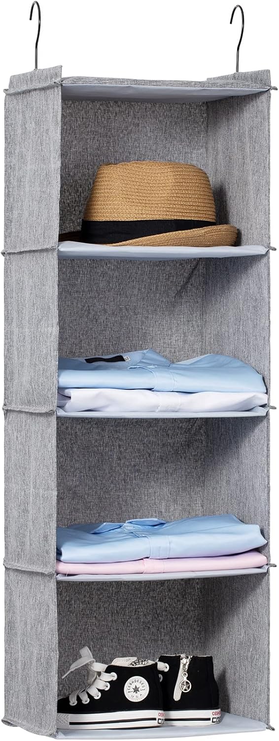 Hanging Closet Organizer 3-Shelf, Oxford Fabric Wardrobe Storage, Gray | Easy-mount foldable design holds clothes, handbags, shoes & accessories; washable Oxford fabric, sturdy and space-saving.