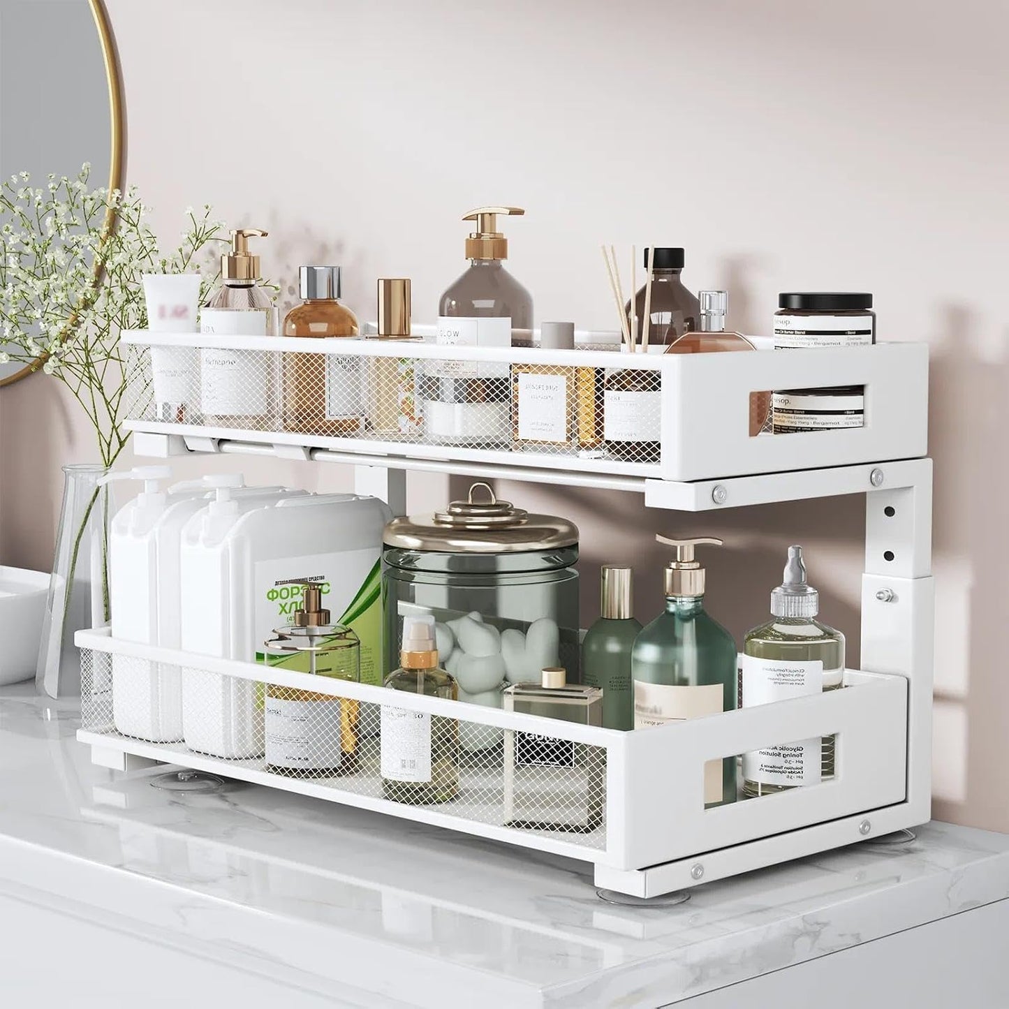 Under Sink Organizer, 2-Tier Dual Pull Out Cabinet Organizer Drawers With Smooth Circular Rail, Large Capacity Metal Mesh Sliding Shelves For Bathroom& Kitchen Storage,Height Adjustable–White,2 Packs