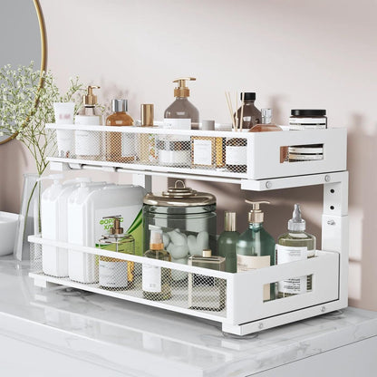 Under Sink Organizer, 2-Tier Dual Pull Out Cabinet Organizer Drawers With Smooth Circular Rail, Large Capacity Metal Mesh Sliding Shelves For Bathroom& Kitchen Storage,Height Adjustable–White,2 Packs