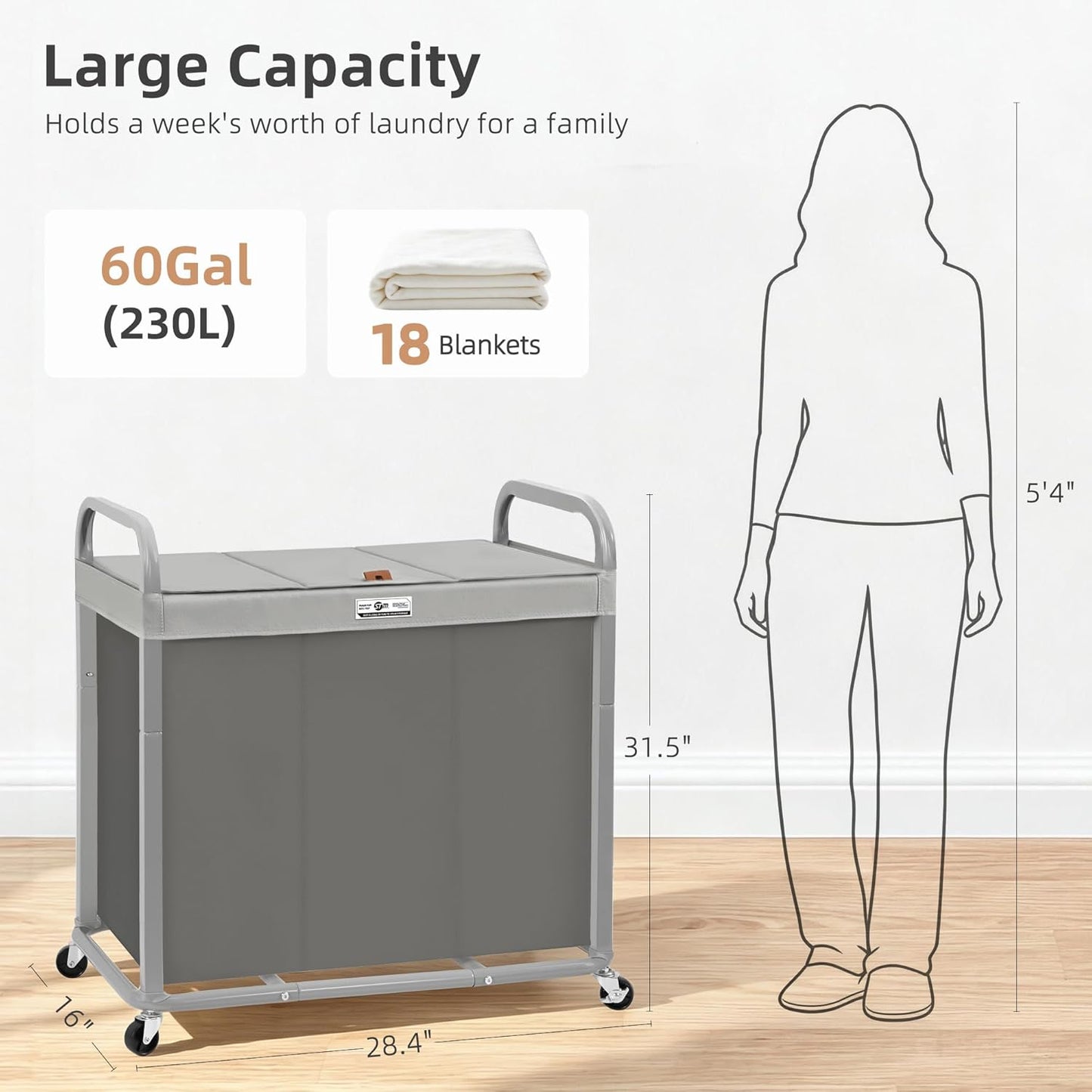 STORAGE MANIAC 3 Section Laundry Sorter, 60 Gal. Laundry Hamper Cart with Heavy Duty Rolling Lockable Wheels and Removable Bags, Clothes Organizer Basket Clothes Separator Hamper, Beige with Lid