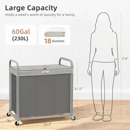 STORAGE MANIAC 3 Section Laundry Sorter, 60 Gal. Laundry Hamper Cart with Heavy Duty Rolling Lockable Wheels and Removable Bags, Clothes Organizer Basket Clothes Separator Hamper, Beige with Lid