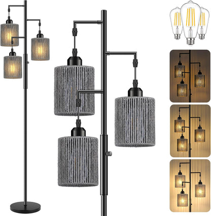 Hotsonic 72" Tall Boho Rattan Style Floor Lamp with Hand-Woven Paper Cord Shade, Dimmable Industrial Tree Standing Lamp for Living Room, Bedroom, Study Room, Office (3 x 800LM Bulbs Included) - Black