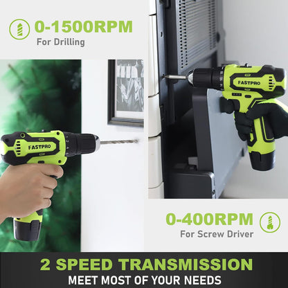 FASTPRO 160-Piece Home Tool kit with Drill, 12V Cordless Drill Driver and Household Repairing Tool Set with Storage Case, For DIY, Home Maintenance, Green