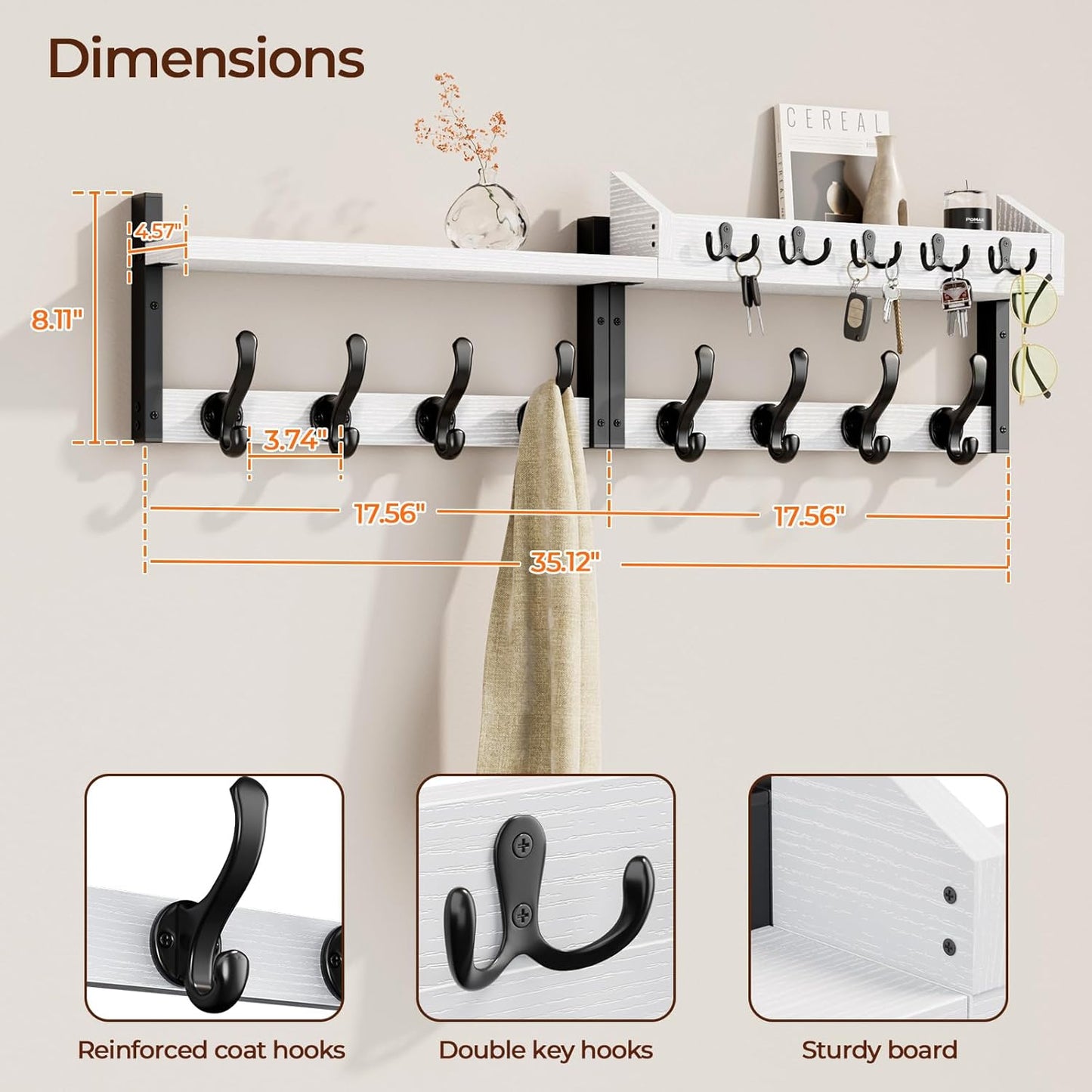 Evermagin 29" Coat Rack Wall Mount with Shelf, 4 in 1 Coat and Key Hanger with 11 Metal Hooks, Entryway Wall Mounted Shelf with Mail Holder for Living Room, Bedroom, Rustic Brown