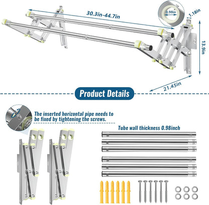 Foldable Wall Mounted Clothes Rack-30'' Long Rod&2 Thick Bases,Stainless Steel,Multi-Purpose for Space-Saving Garment Rack/Clothes Drying Rack/Clothes Hanger,Detachable and Top Shelf Room Reserved